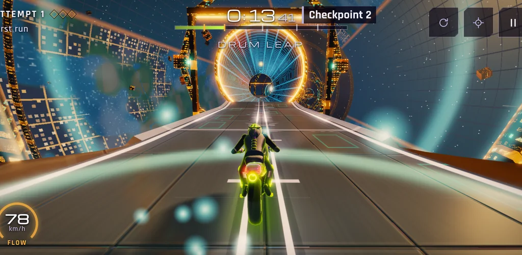 Gameplay in level 12, Orbital Foundry: the warp bike heads for a glowing ring.