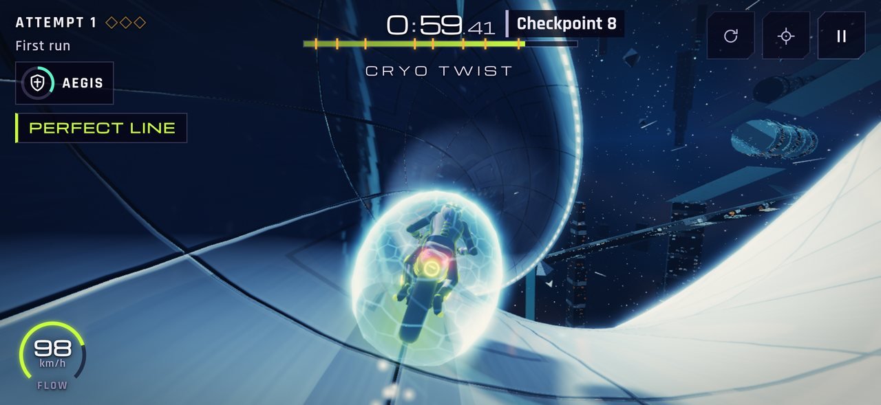 Level 6, Cryostation: the bike carves an ice twist inside a shimmering Aegis bubble.
