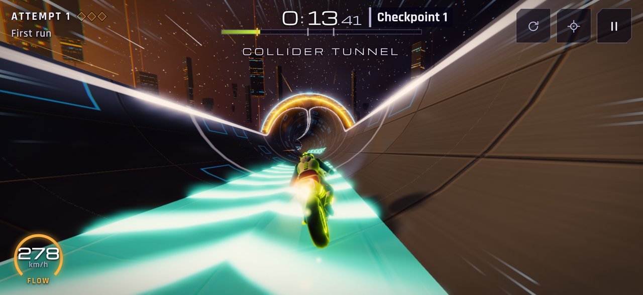Level 17, Event Horizon: the bike tears through a collider tunnel at 278 km/h.