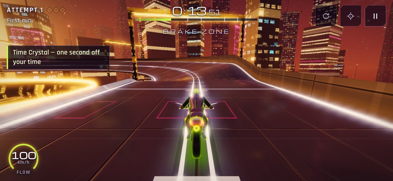 Level 2, Flowline: the bike sweeps along a curving city road toward a brake zone.