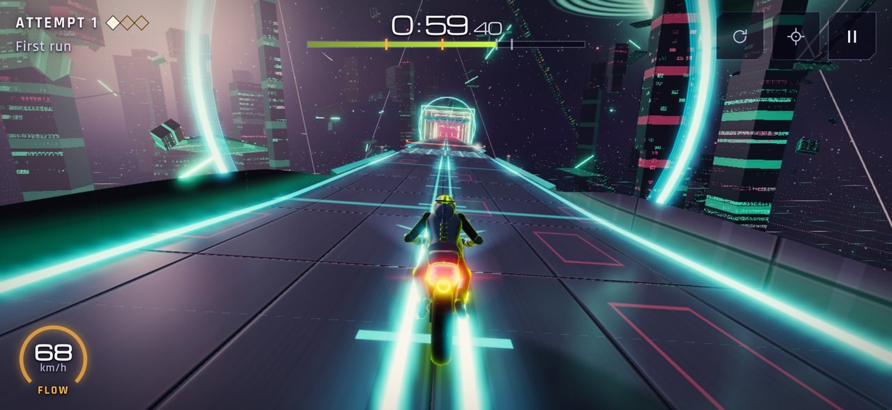 Level 18, Fractured Reality: the bike rides a neon road toward a distant gate above a pink-lit city.