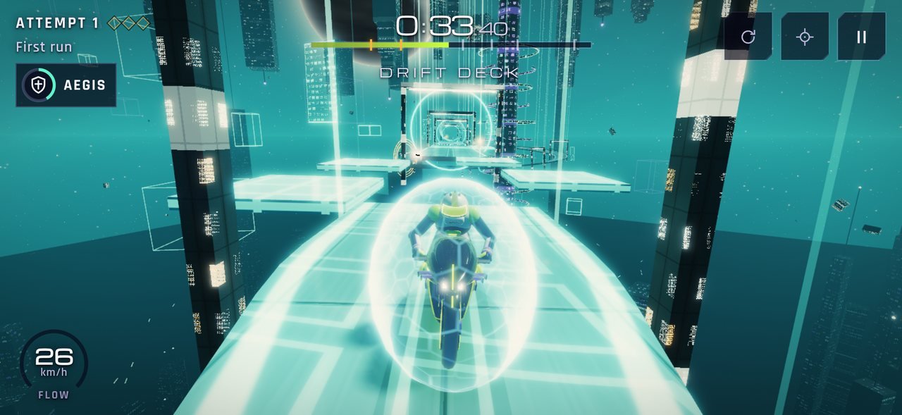 Level 3, Glassworks: the bike rides a glass bridge between lit towers, protected by an Aegis shield.