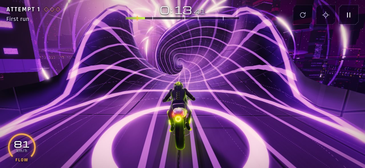 Level 10, Magnetar: the bike rides toward a violet magnetic vortex.