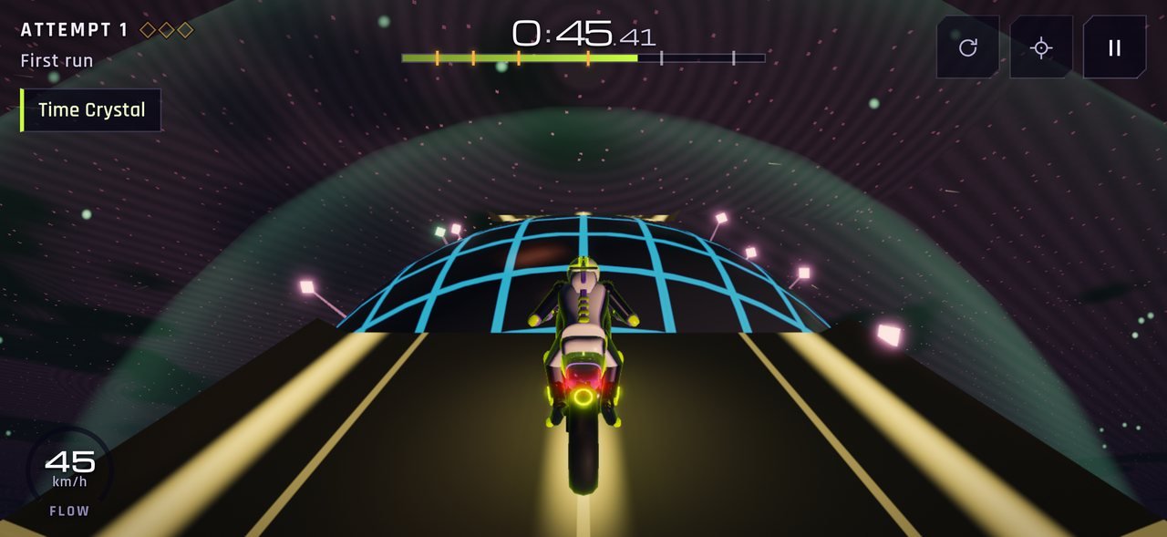 Level 14, Singularity Garden: the bike crosses a glowing grid dome inside a dark tunnel.