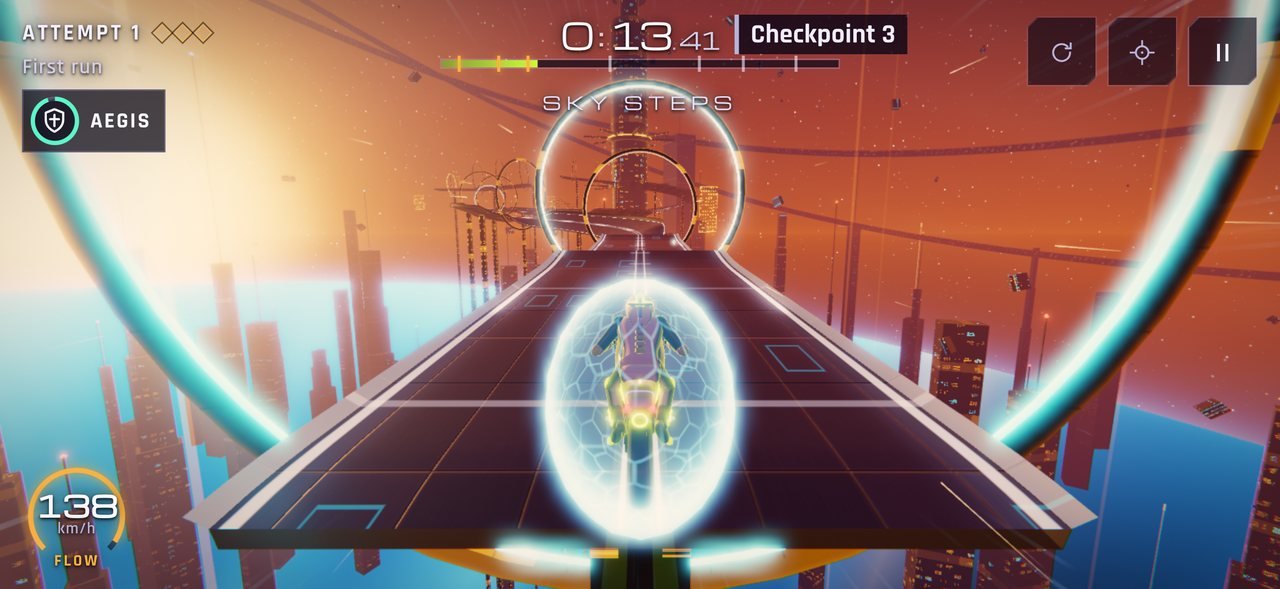 Gameplay in level 5, Slipstream: the warp bike climbs a sky ramp toward a glowing ring, shielded by Aegis.