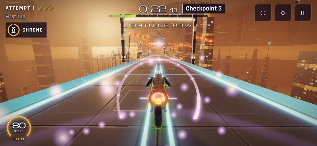 Level 13, Stormglass: the bike rides a lightning row under an amber storm sky, with Chrono active.