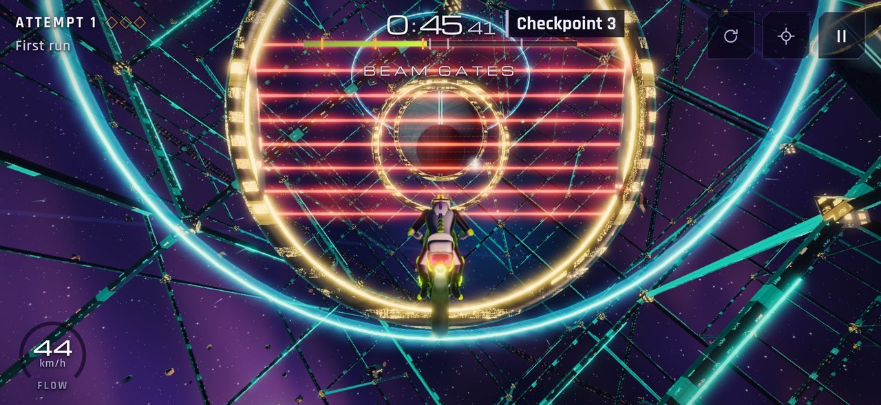 Level 16, Zero Vector: the bike flies toward a ring of red beam gates in zero gravity.